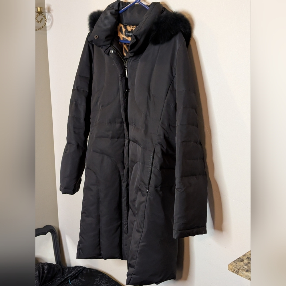 Dana Buchman Black Down Puffer Coat Genuine Fur Trim Hood Long Winter Jacket
